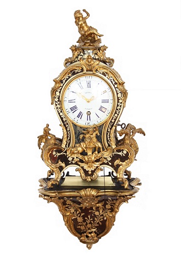 A small French Louis XV Boulle inlaid bracket cartel clock with quarter repeat, Melot circa 1745